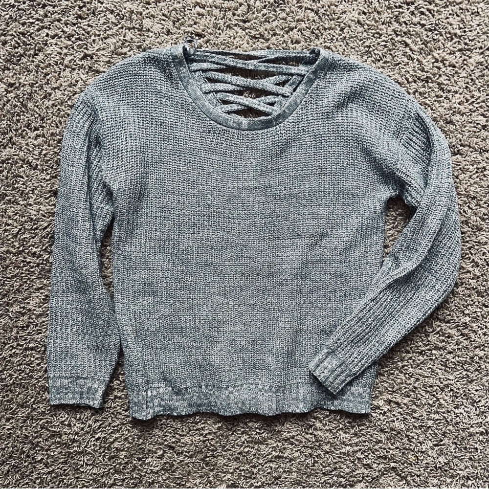 Gray Criss Cross Back Women's Sweater Heavy Warm Thick Large Neutral L Top - Picture 2 of 7